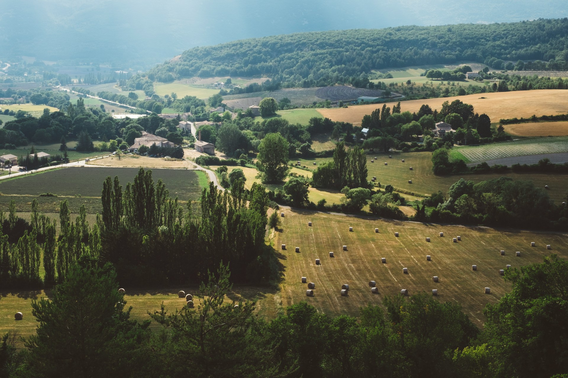 Paysage rural avec champs et bottes de foin.